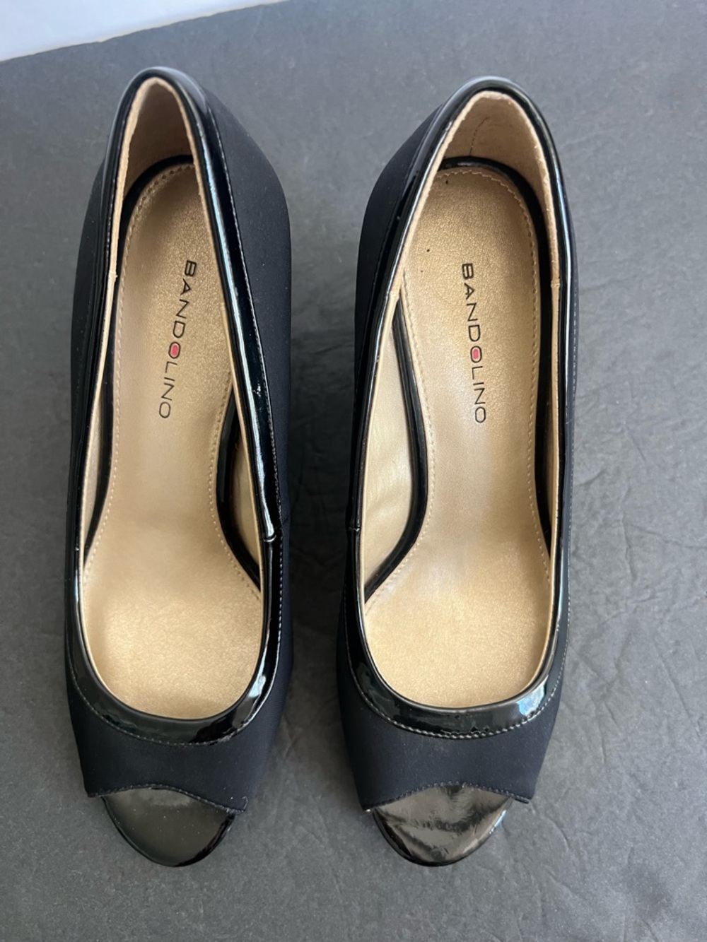 Bandolino Black Satin Peep Toe Wedges, 7.5 - Picture 3 of 7